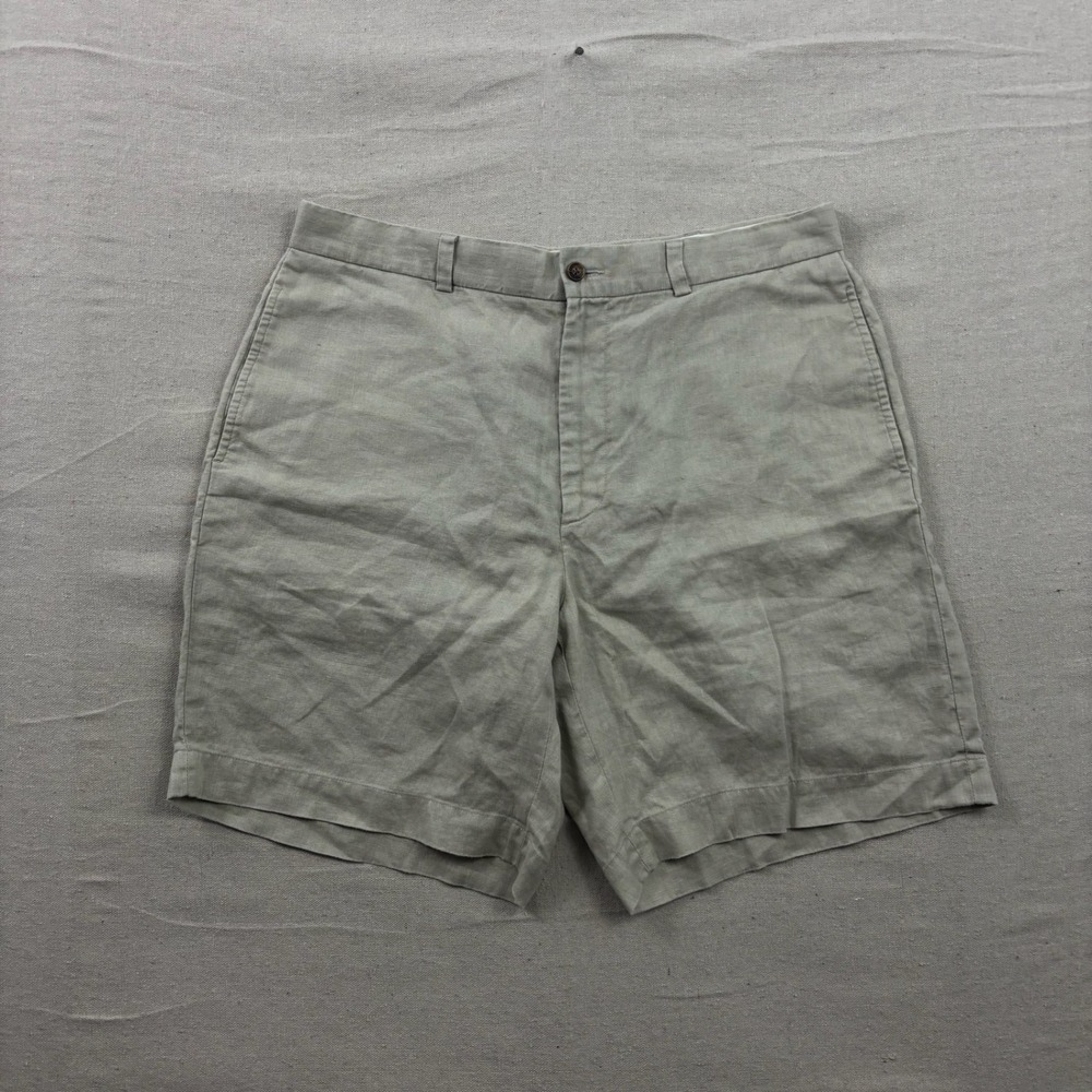 Brooks Brothers 346 Shorts Mens 36 Beige 100% Linen Flat Front Summer Casual